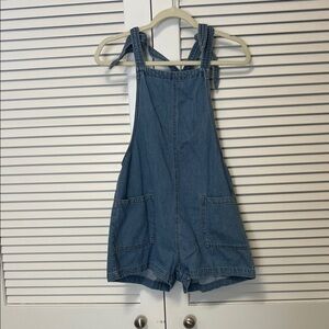 Womens Denim Short Overalls w/ Tie Straps Blue